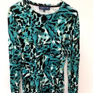 JONES NEW YORK GREEN BLACK WHITE PRINT TEESHIRT